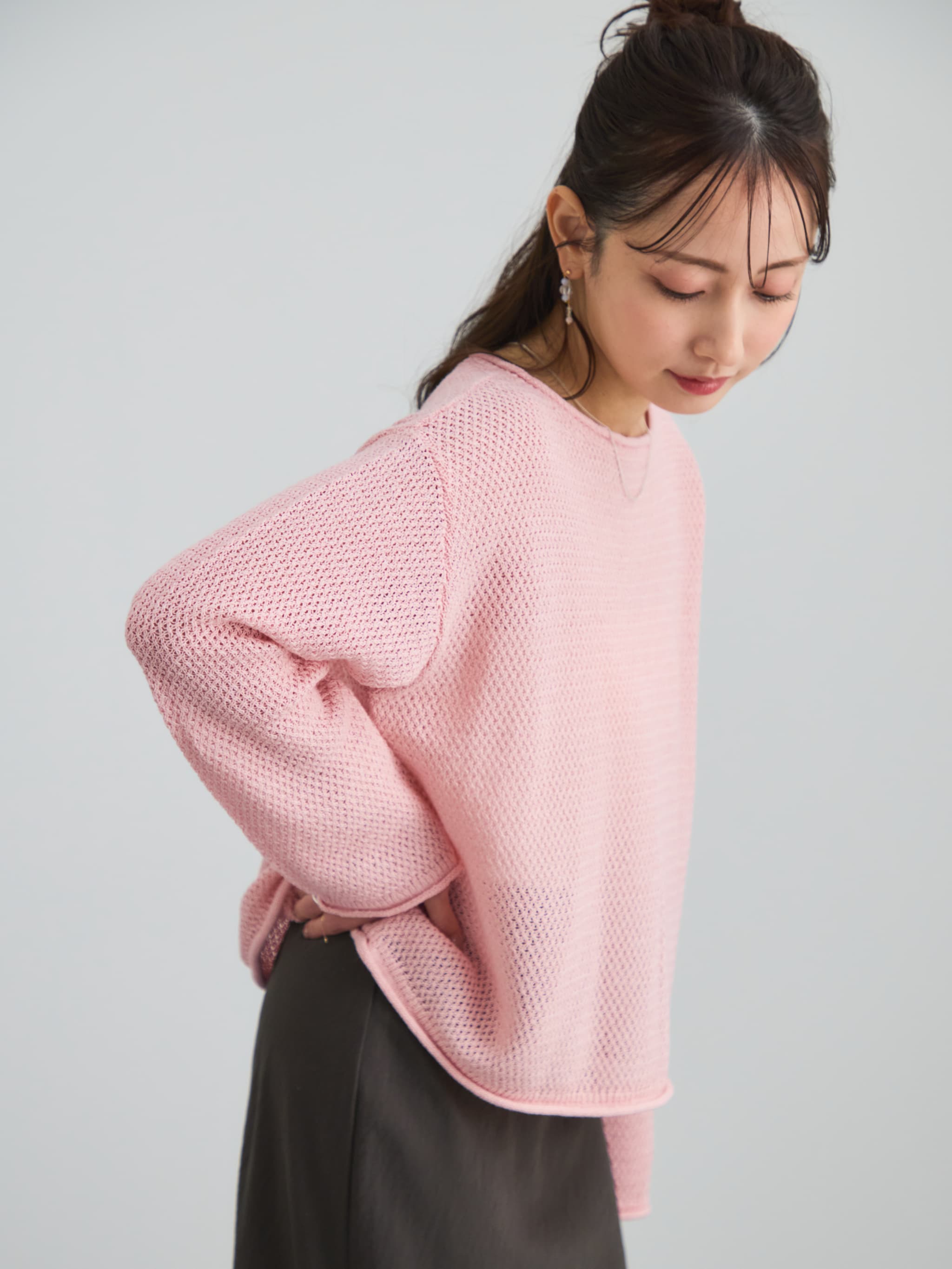 美品☆ペーパーヤーンニット☆ピンク ペーパーヤーンメッシュニット | 小柄・低身長女性向けファッション