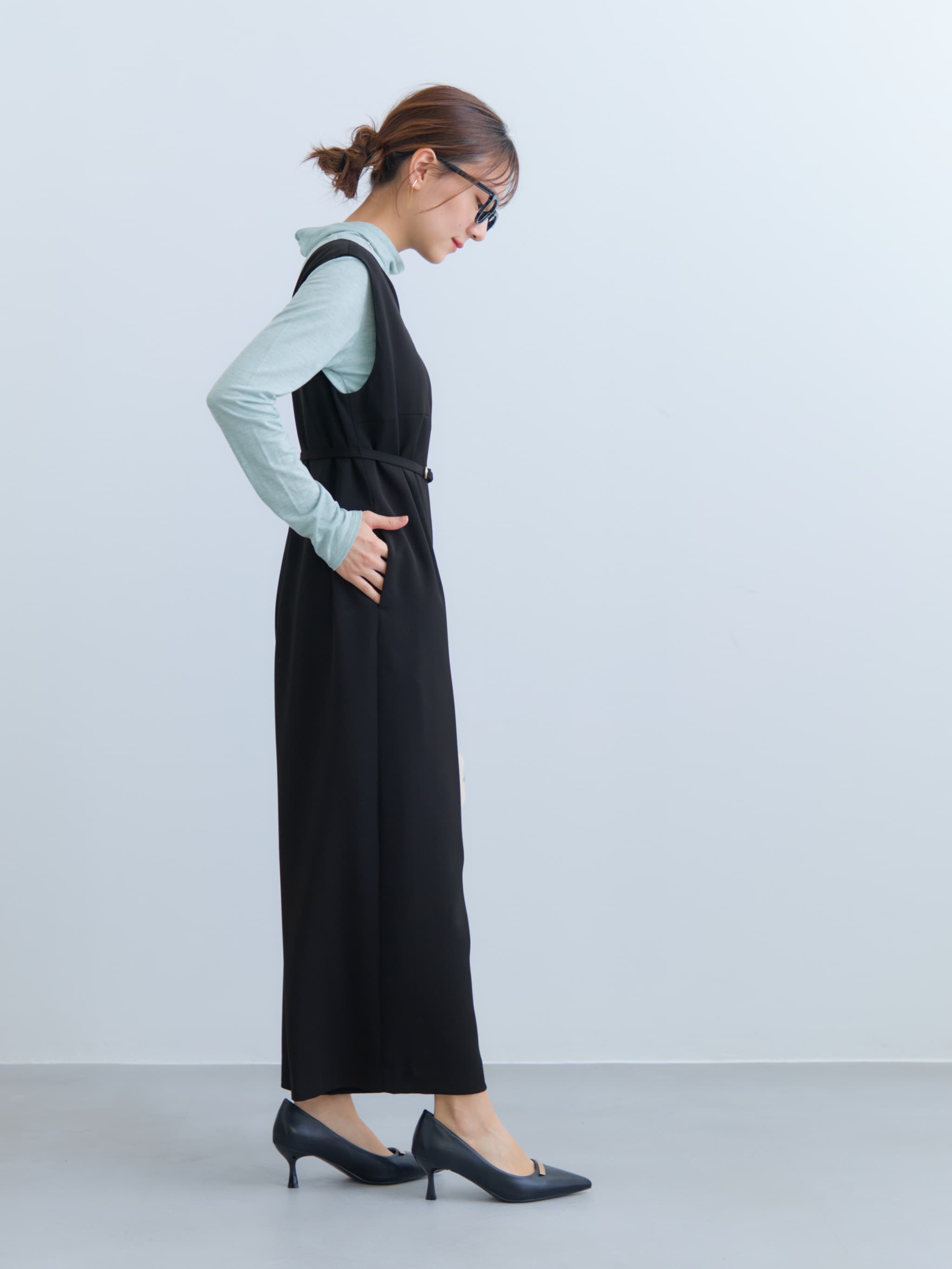 未使用 COHINA キーネックオールインワン ネイビー 低身長 キーネックとろみオールインワン-short & regular | 小柄・低身長女性