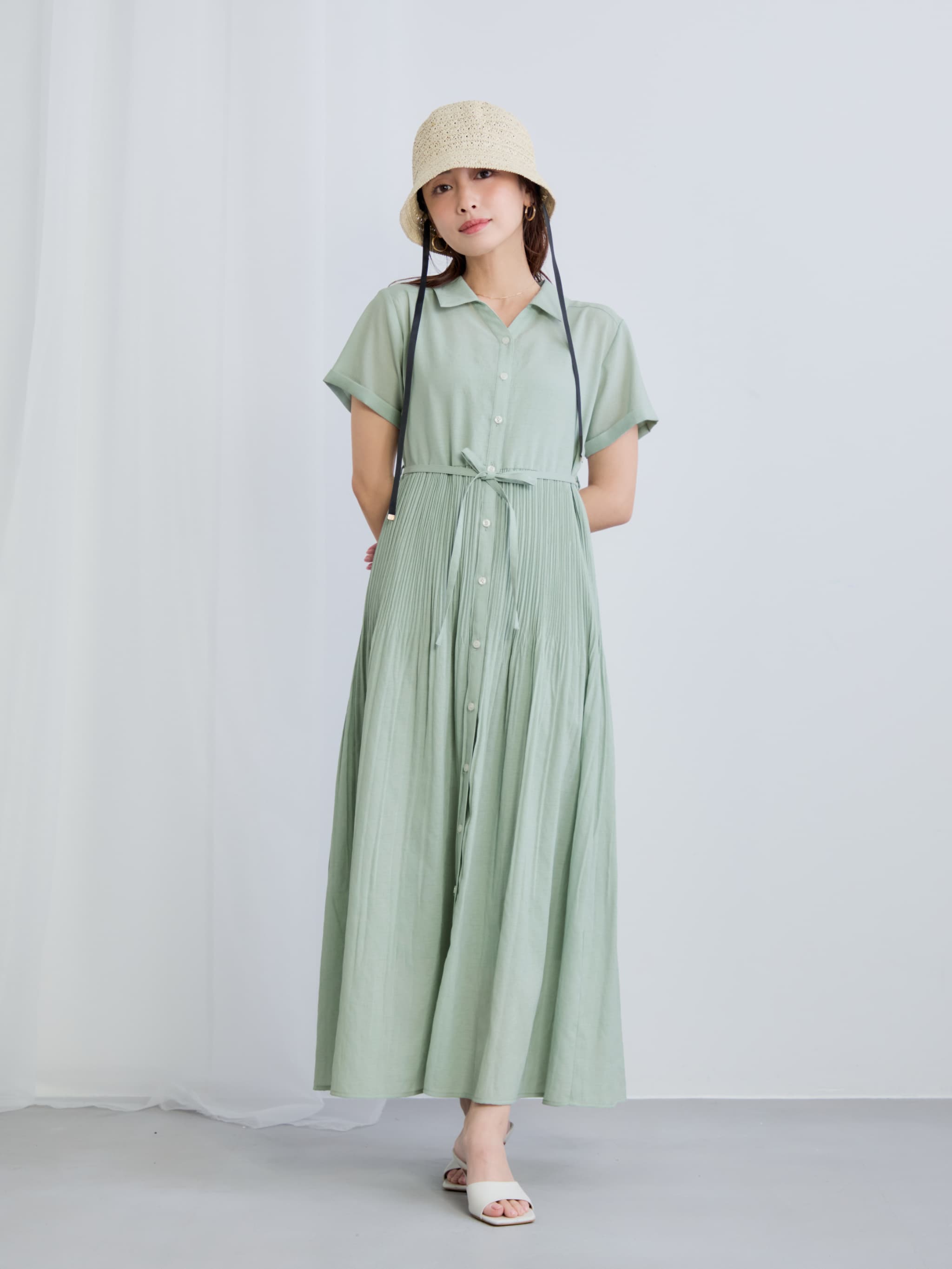 【カラー変更、サイズ指定無料】ピスタチオ　チップ　オーダー　シアー　ワンホン プリーツシアーワンピース-short & regular | 小柄・低身長女性向け
