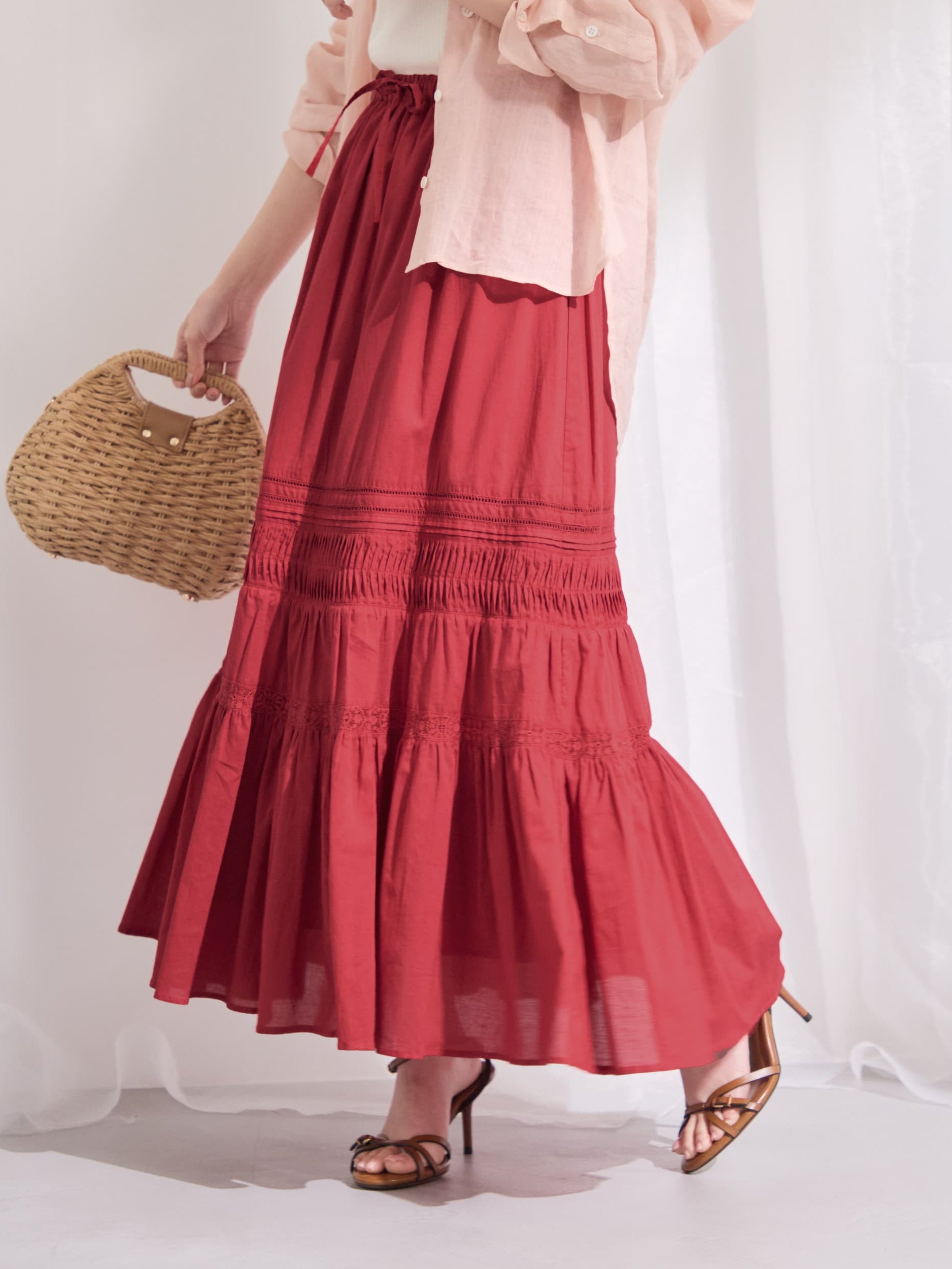 COHINA【Made in India】ピンタックティアードスカート Made in India】ピンタックティアードスカート-short & regular | 小柄
