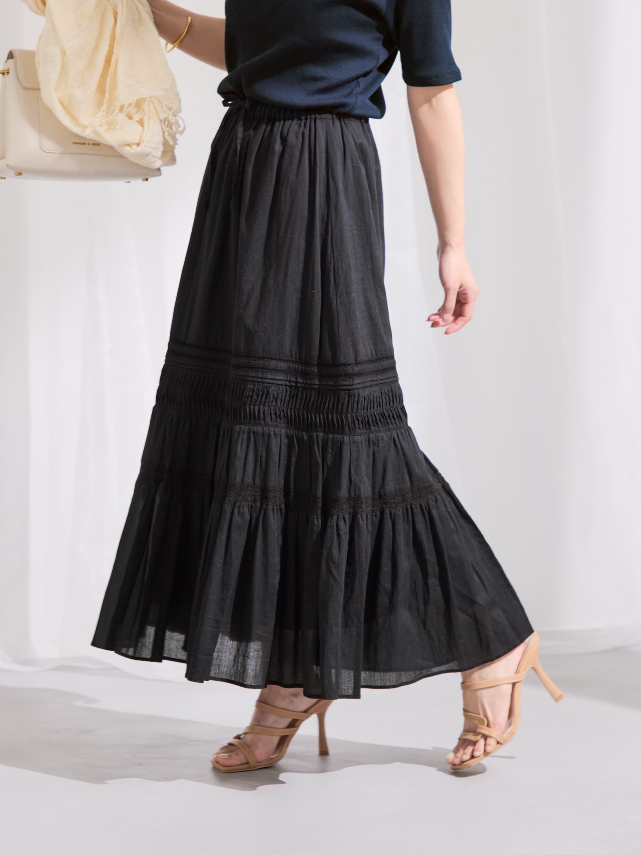 COHINA【Made in India】ピンタックティアードスカート Made in India】ピンタックティアードスカート-short & regular | 小柄