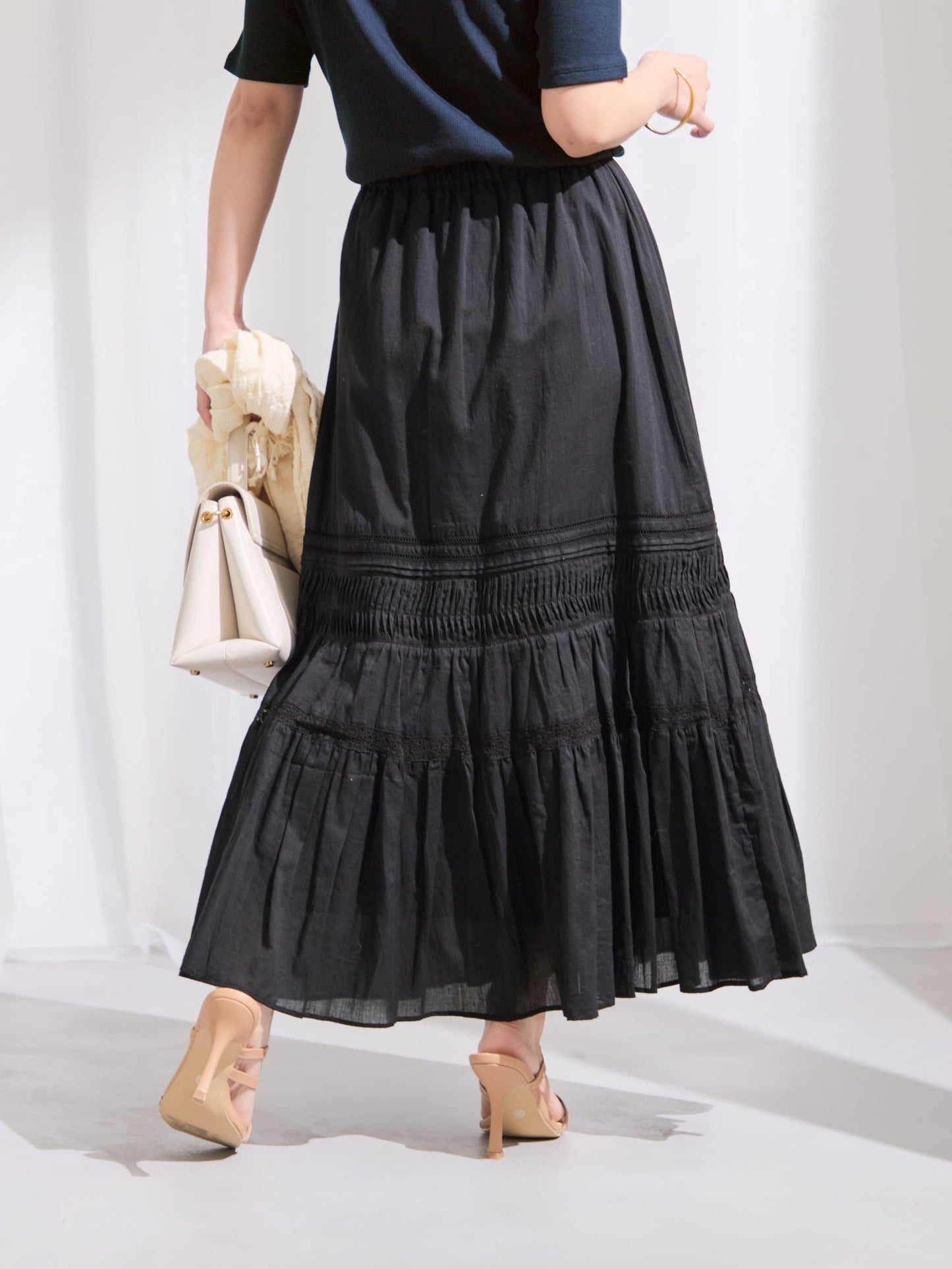 【手洗い可】【Made in India】ピンタックティアードスカート-short & regular　[通常]