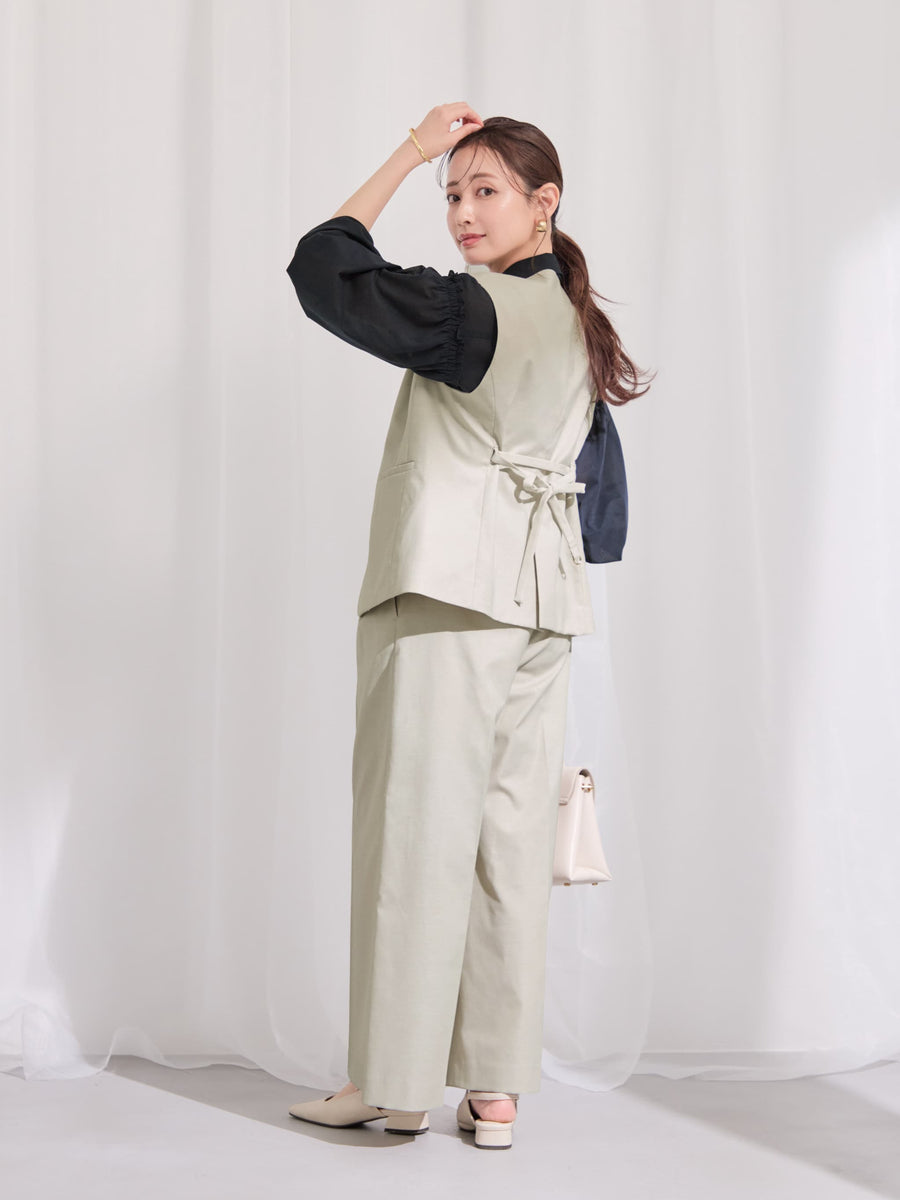 ポリエステルリネンスラブワイドパンツ-short & regular　[通常]