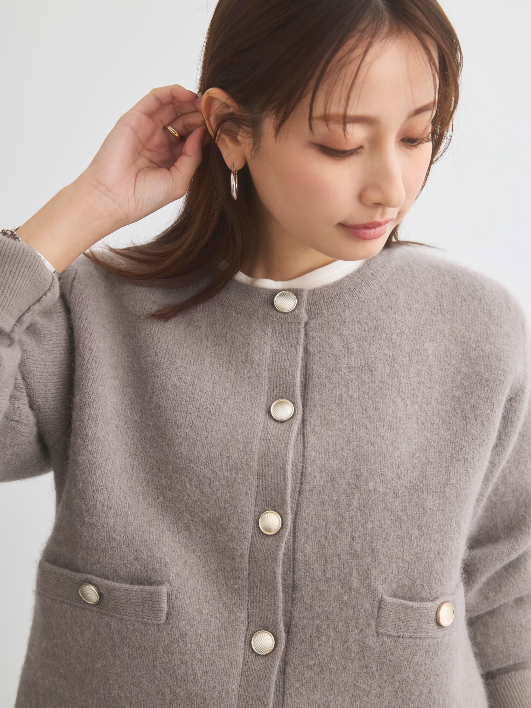 フォックスアンゴラダブルフェイスニットジャケット | 小柄・低身長