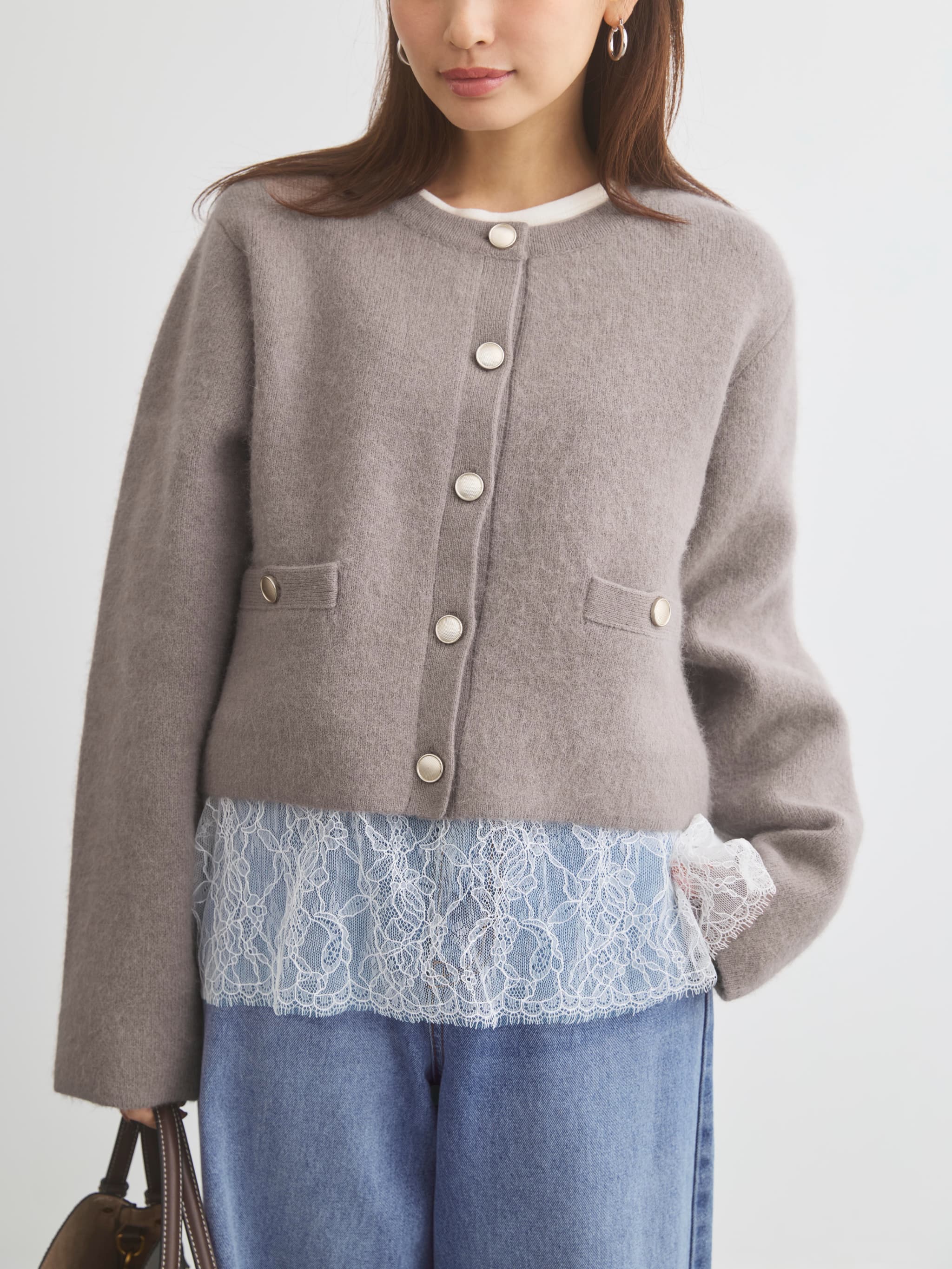 【美品】COHINAフォックスアンゴラダブルフェイスニットジャケット　グレージュ フォックスアンゴラダブルフェイスニットジャケット | 小柄・低身長