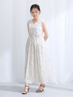 【COHINA MADE WITH LIBERTY FABRIC】ノースリーブリボンベルトワンピース-short & regular　[通常]