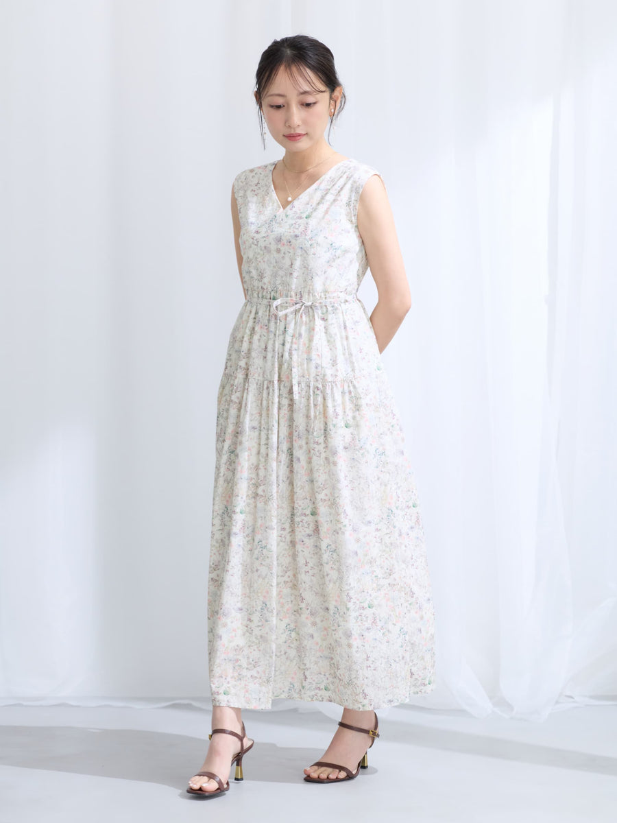 【COHINA MADE WITH LIBERTY FABRIC】ノースリーブリボンベルトワンピース-short & regular　[通常]