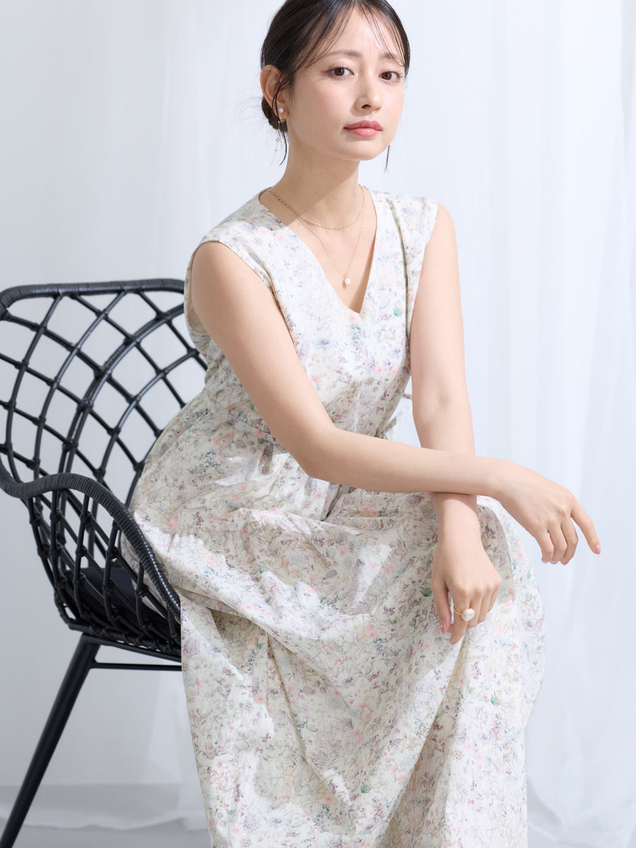 【COHINA MADE WITH LIBERTY FABRIC】ノースリーブリボンベルトワンピース-short & regular　[通常]