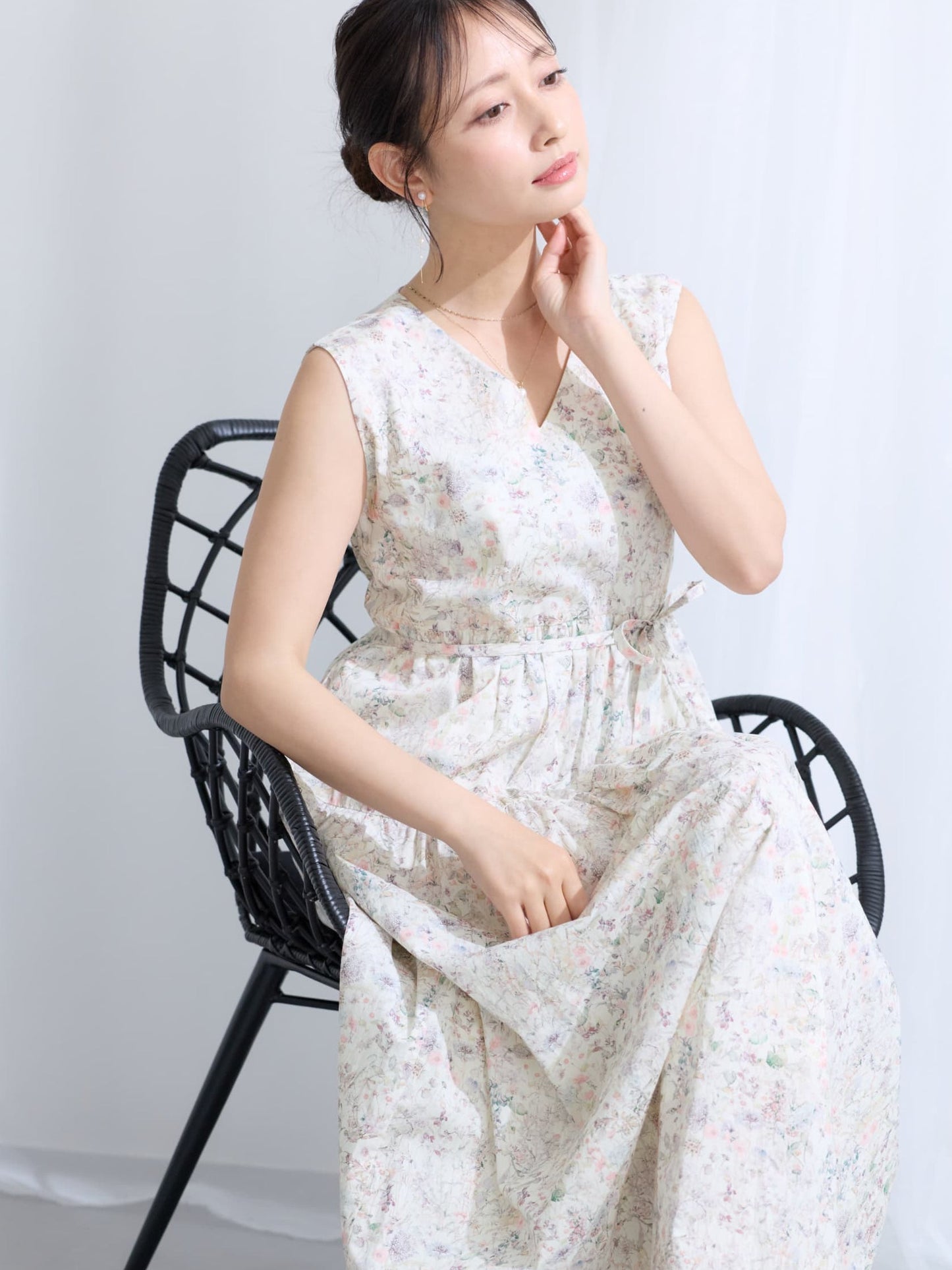 【COHINA MADE WITH LIBERTY FABRIC】ノースリーブリボンベルトワンピース-short & regular　[通常]
