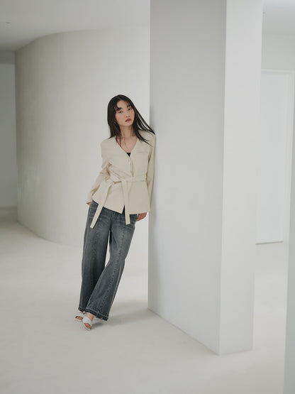 ベルト付きノーカラージャケット　[通常]