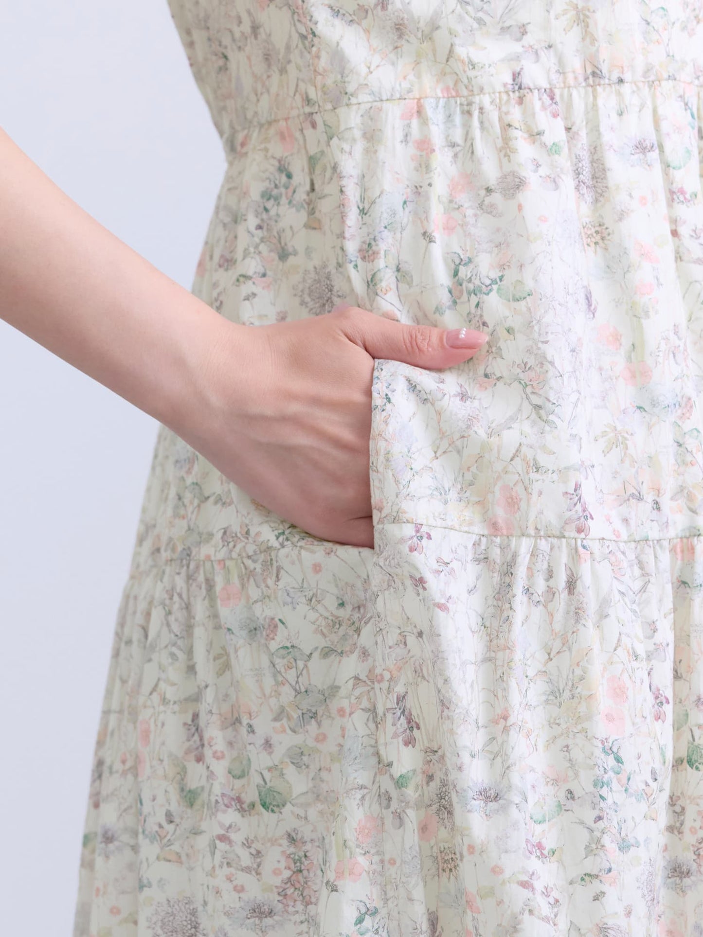 【COHINA MADE WITH LIBERTY FABRIC】ノースリーブリボンベルトワンピース-short & regular　[通常]