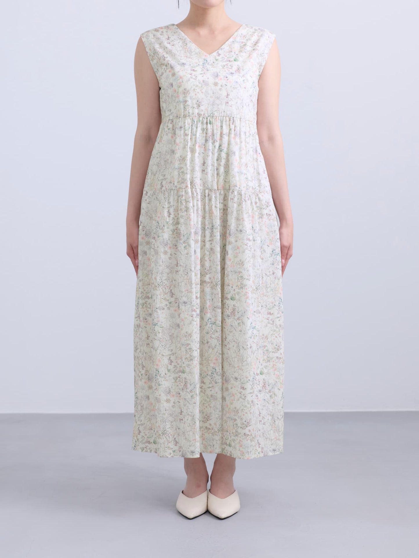【COHINA MADE WITH LIBERTY FABRIC】ノースリーブリボンベルトワンピース-short & regular　[通常]
