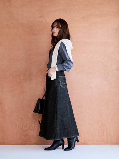 【SOMETHINGコラボ】バックタックデニムスカート-short & regular　[通常]