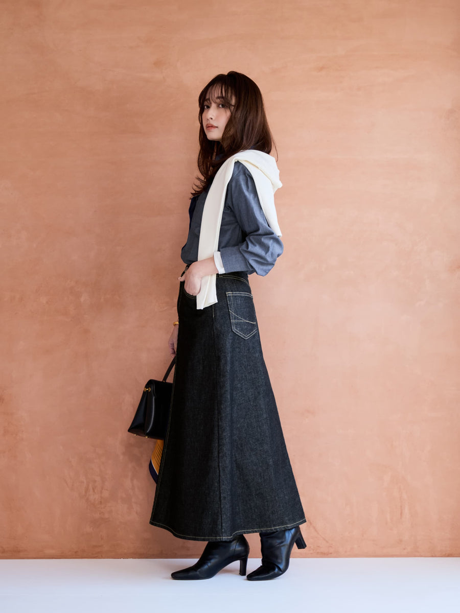 【SOMETHINGコラボ】バックタックデニムスカート-short & regular　[通常]