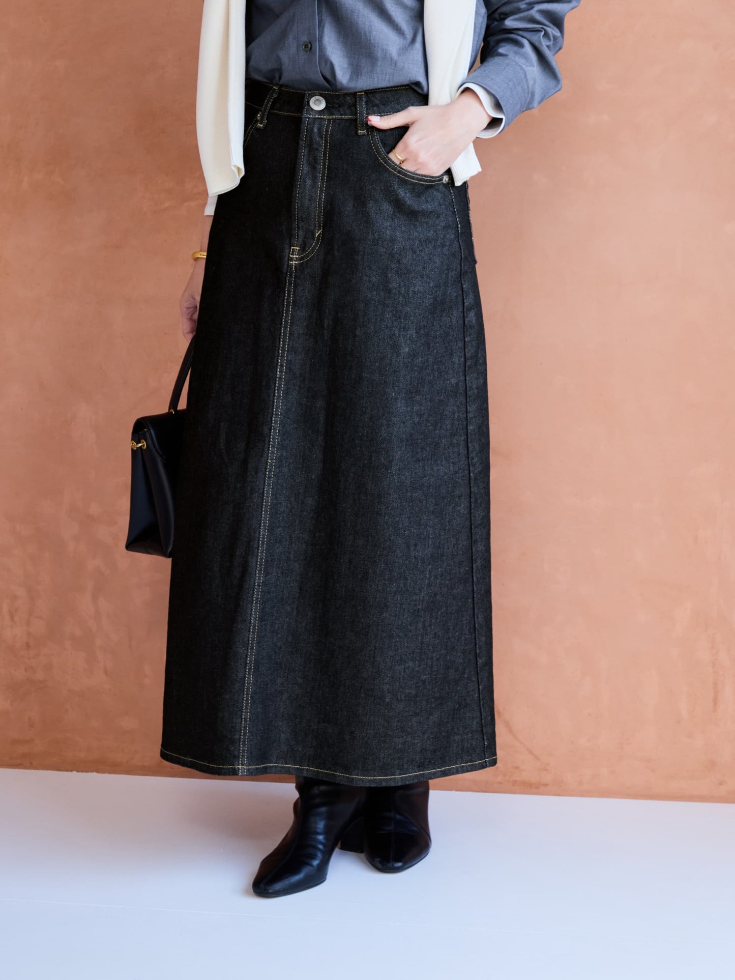 【SOMETHINGコラボ】バックタックデニムスカート-short & regular　[通常]