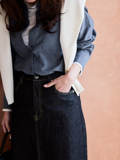 【SOMETHINGコラボ】バックタックデニムスカート-short & regular　[通常]