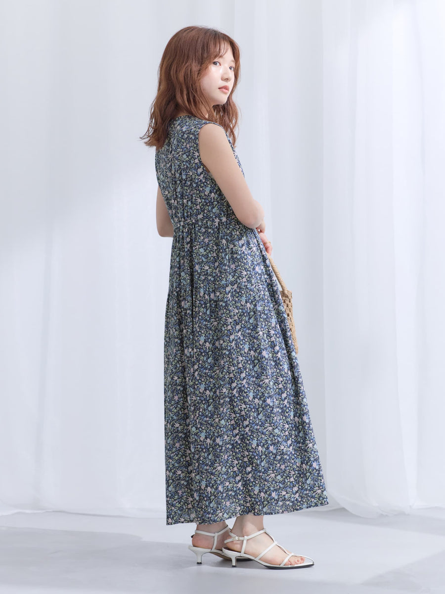 【COHINA MADE WITH LIBERTY FABRIC】ノースリーブリボンベルトワンピース-short & regular　[通常]