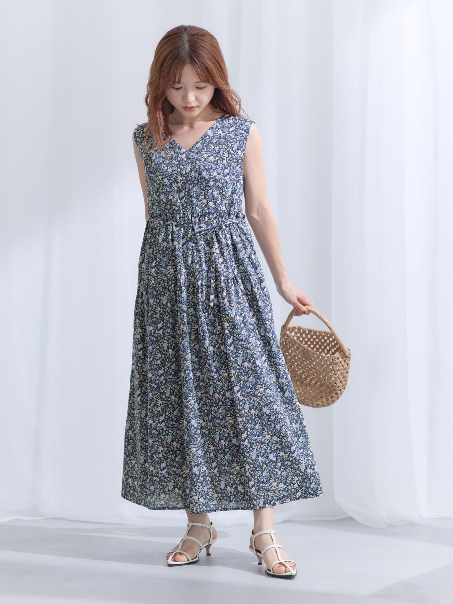 【COHINA MADE WITH LIBERTY FABRIC】ノースリーブリボンベルトワンピース-short & regular　[通常]