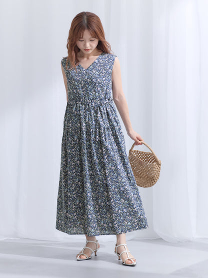 【COHINA MADE WITH LIBERTY FABRIC】ノースリーブリボンベルトワンピース-short & regular　[通常]