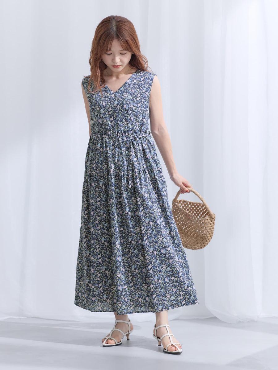 【COHINA MADE WITH LIBERTY FABRIC】ノースリーブリボンベルトワンピース-short & regular　[通常]