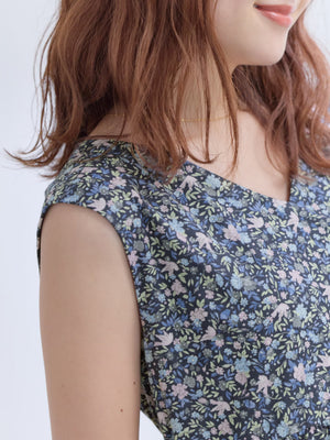【COHINA MADE WITH LIBERTY FABRIC】ノースリーブリボンベルトワンピース-short & regular　[通常]