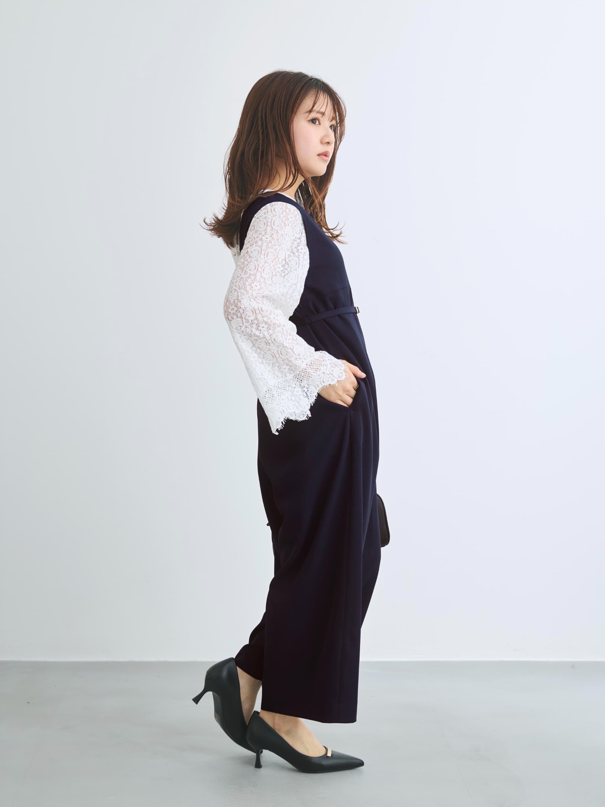 未使用 COHINA キーネックオールインワン ネイビー 低身長 キーネックとろみオールインワン-short & regular | 小柄・低身長女性
