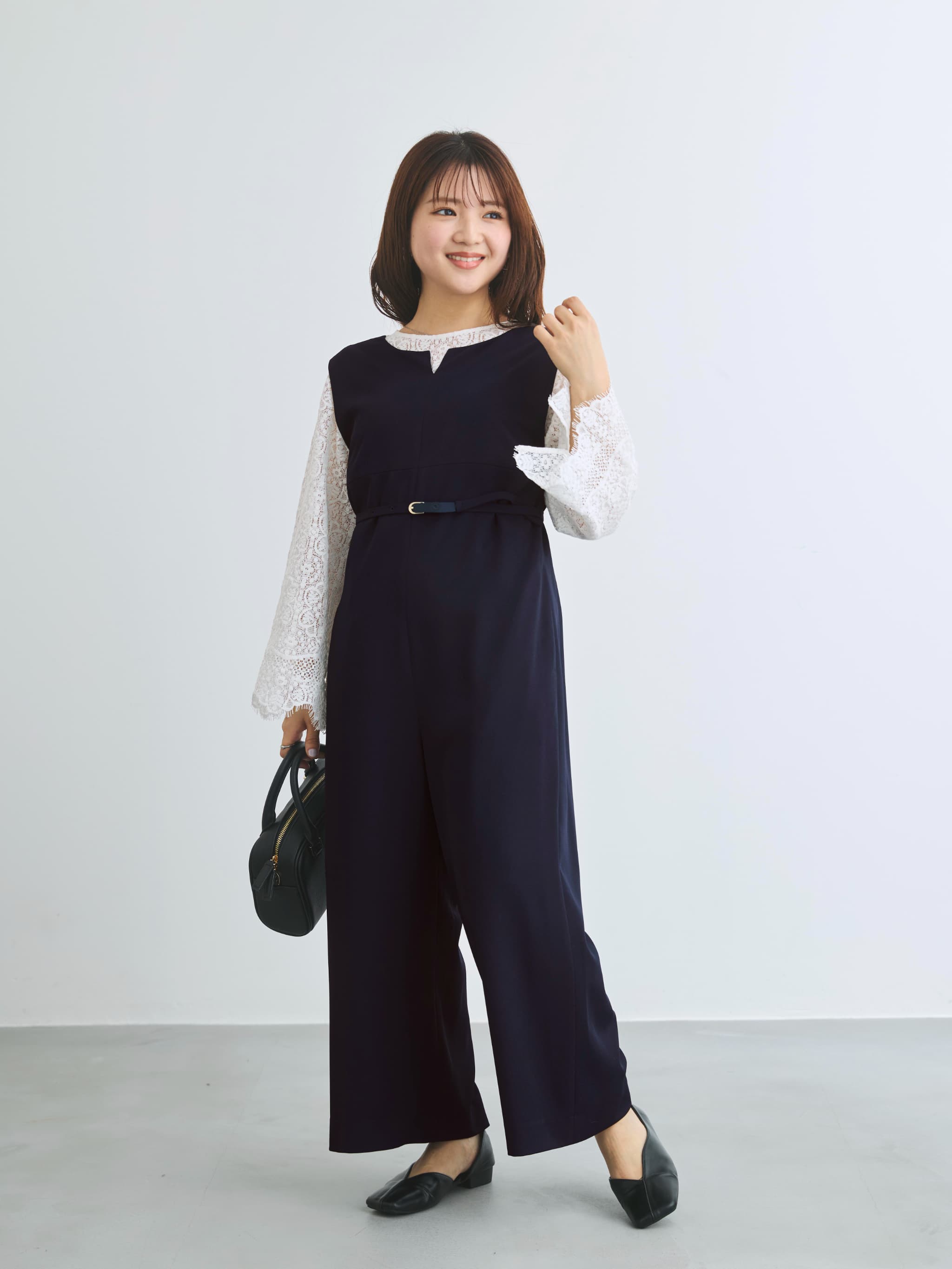 未使用 COHINA キーネックオールインワン ネイビー 低身長 キーネックとろみオールインワン-short & regular | 小柄・低身長女性