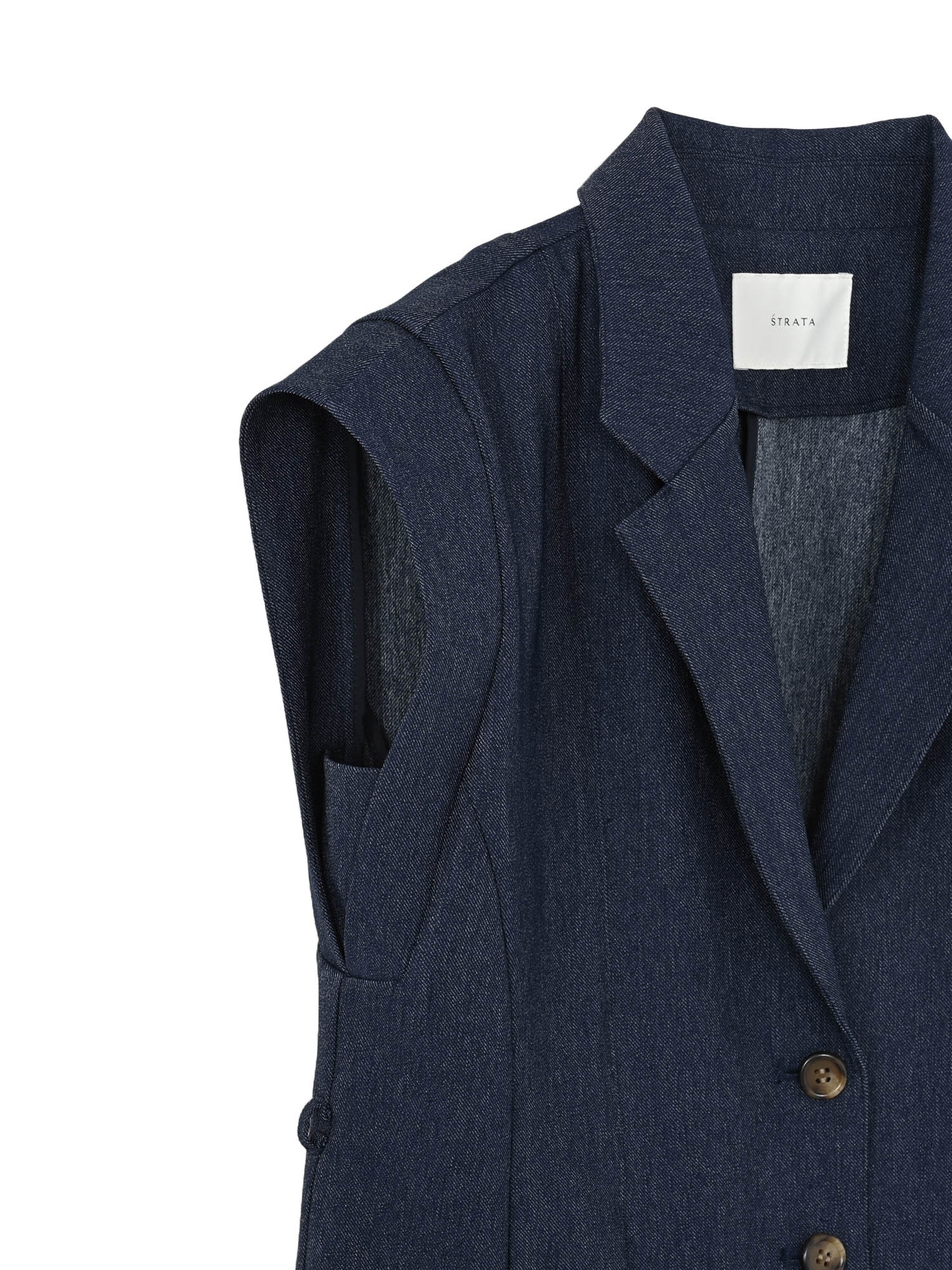 STRATA エストラータ デニムライクテーラードタックジレ 美品 デニムライクテーラードタックジレ | 小柄・低身長女性向け