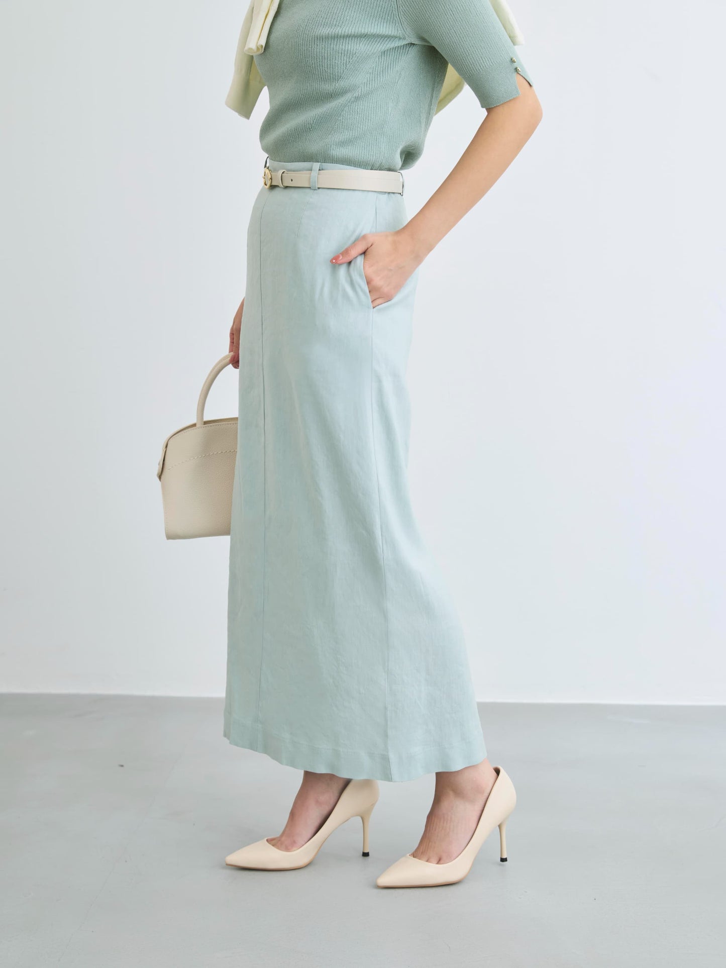 ストレッチリネンIラインスカート-short & regular　[通常]