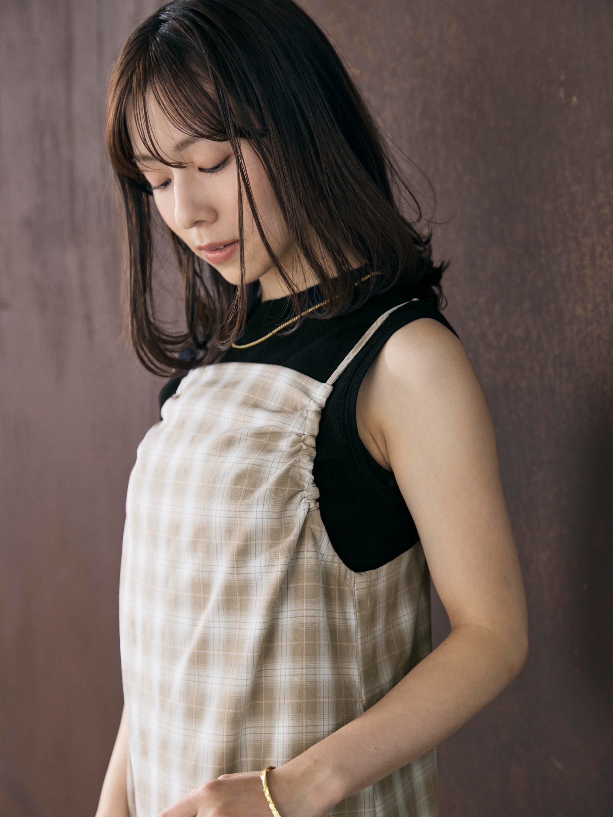 フロントギャザーチェックキャミワンピース | 小柄・低身長女性向け