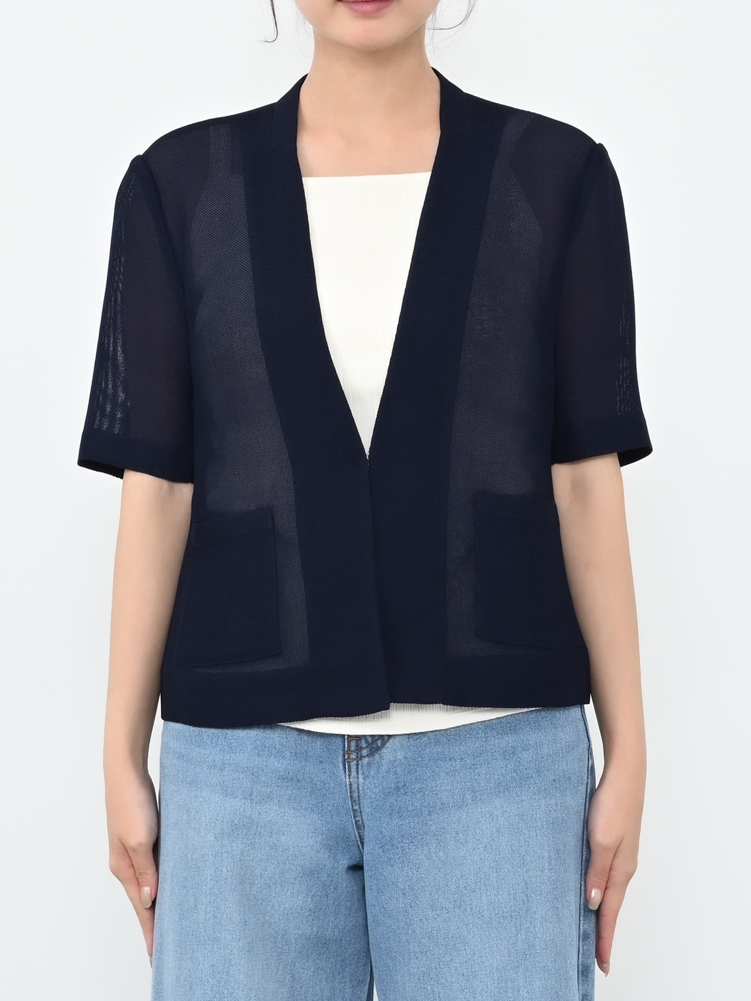 ハーフスリーブノーカラーメッシュジャケット | 小柄・低身長女性向け