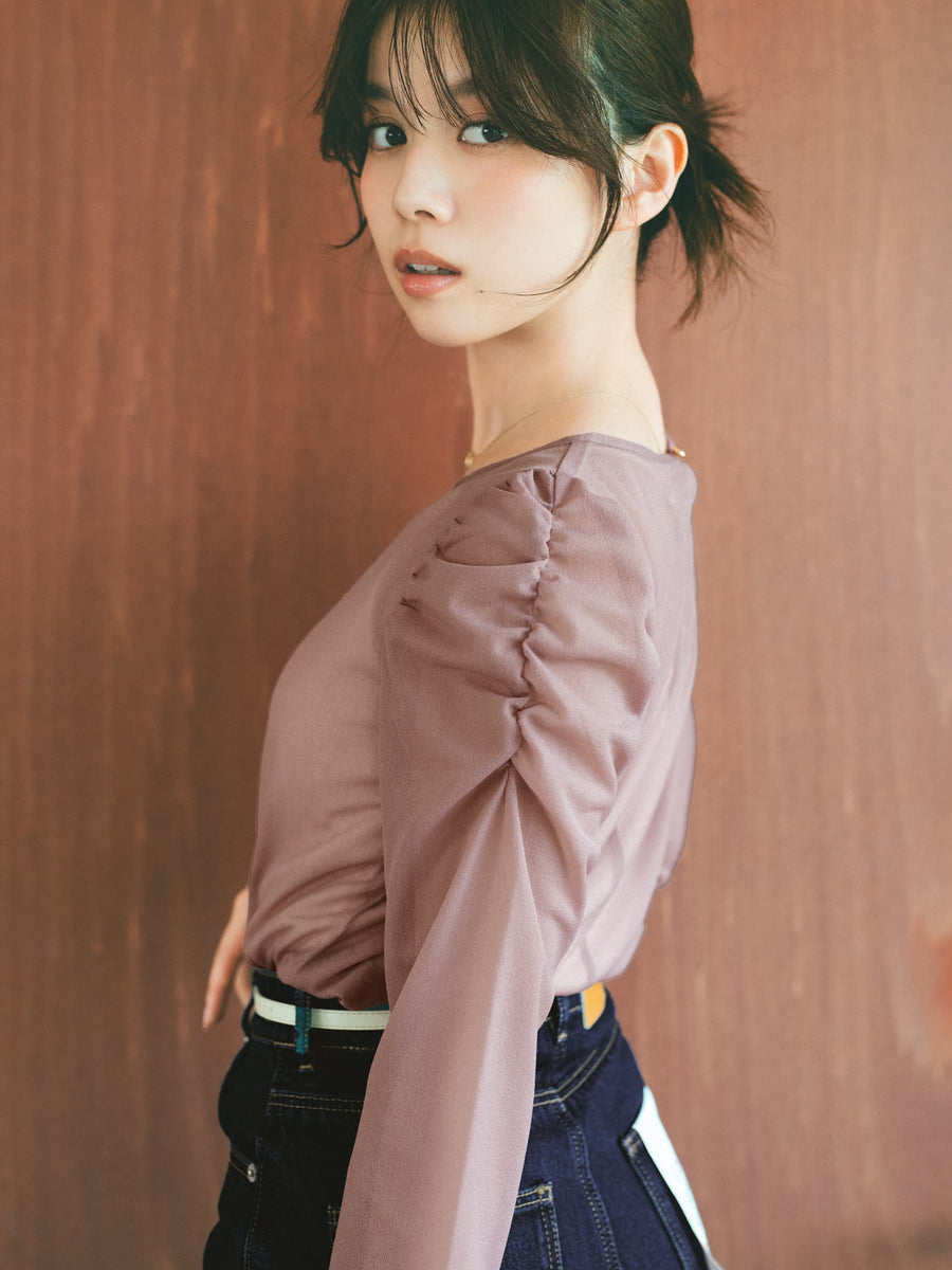 ギャザースリーブシアーカットトップス　[通常]