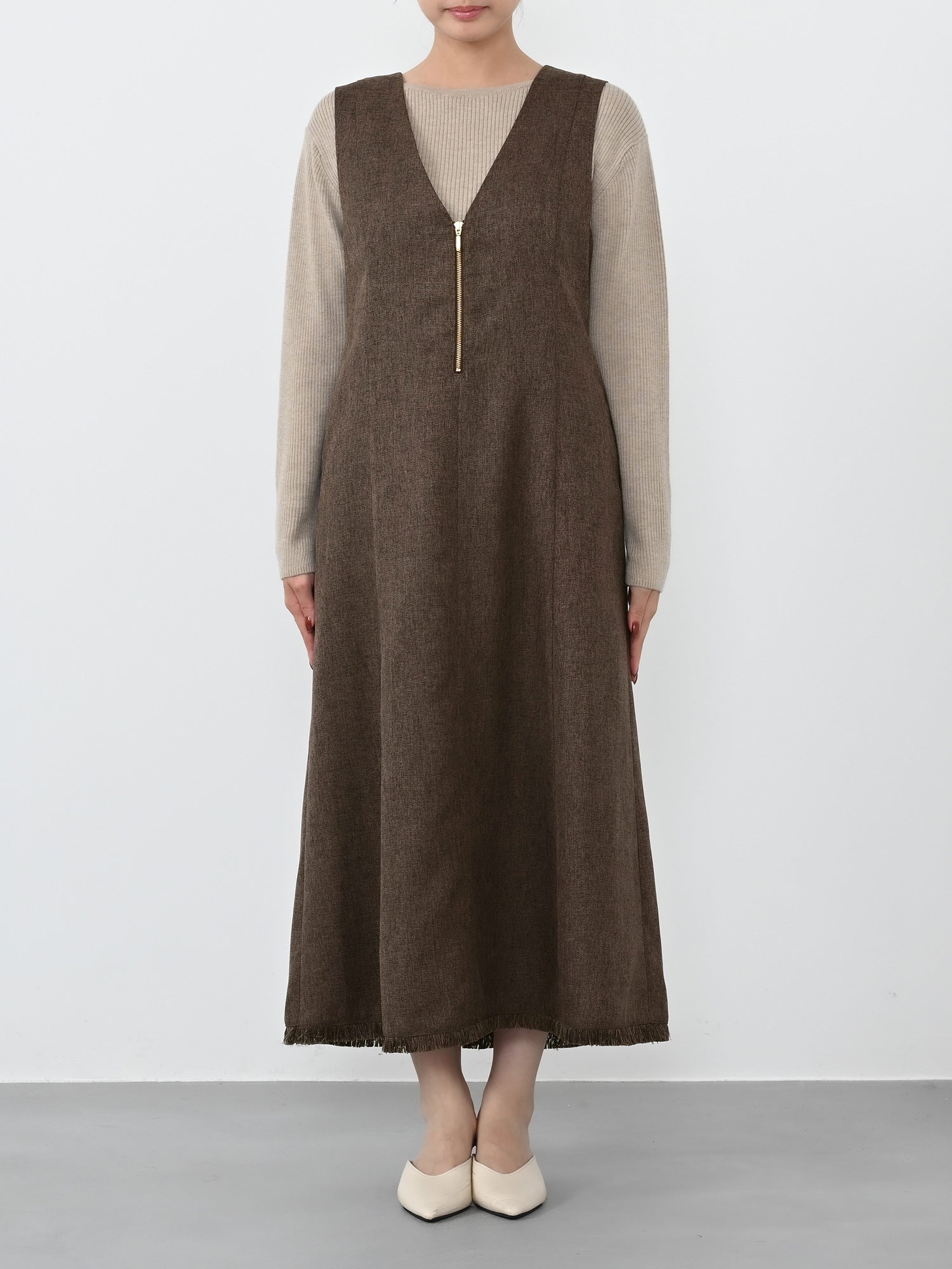 ツイードフロントジップジャンパースカート-short & regular | 小柄