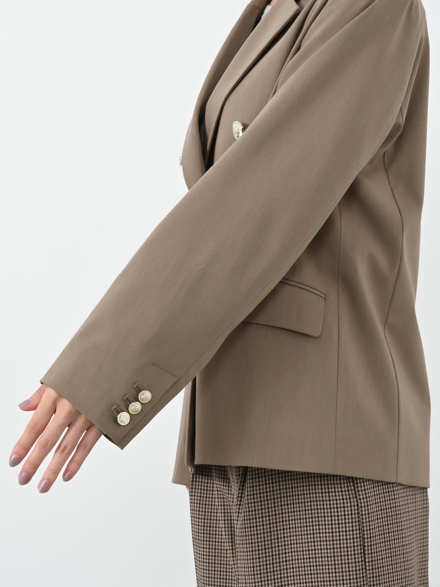 [美品]COHINA テーラードジャケット ダブル 金ボタン グレージュ ゴールドボタンダブルジャケット | 小柄・低身長女性向け