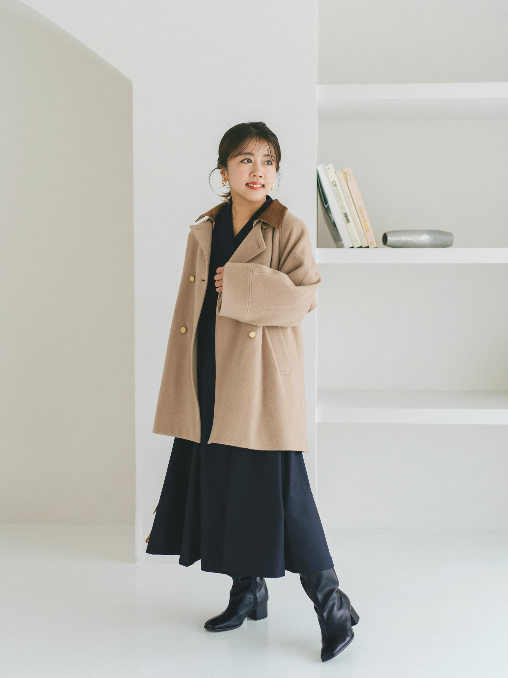 2wayカラーゴールドボタンミドルコート | 小柄・低身長女性向け