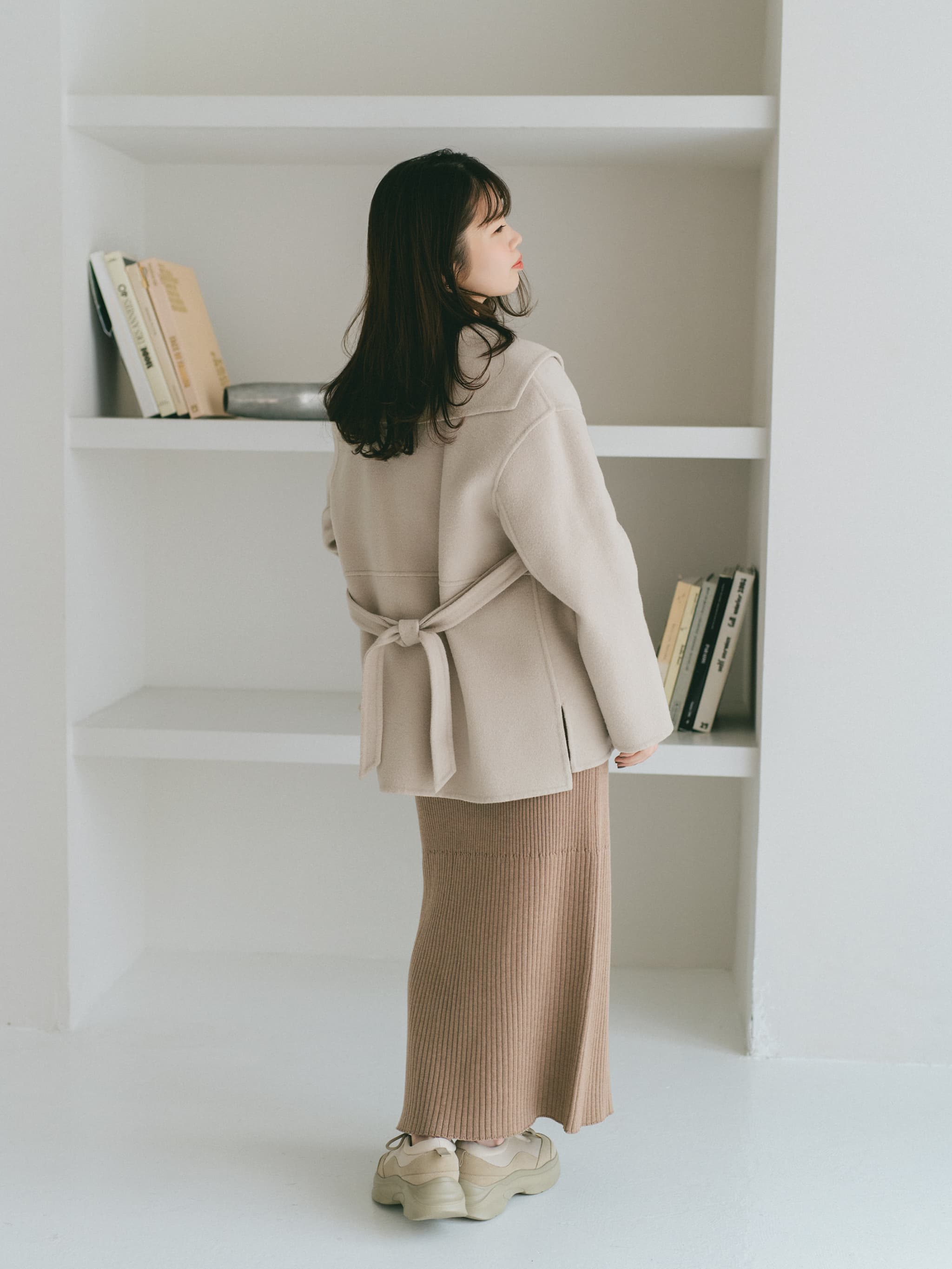 【美品】COHINAコヒナ　リバーコート　ライトウール　ミディ丈　ウエストリボン フーディーリバーロングコート | 小柄・低身長女性向けファッション