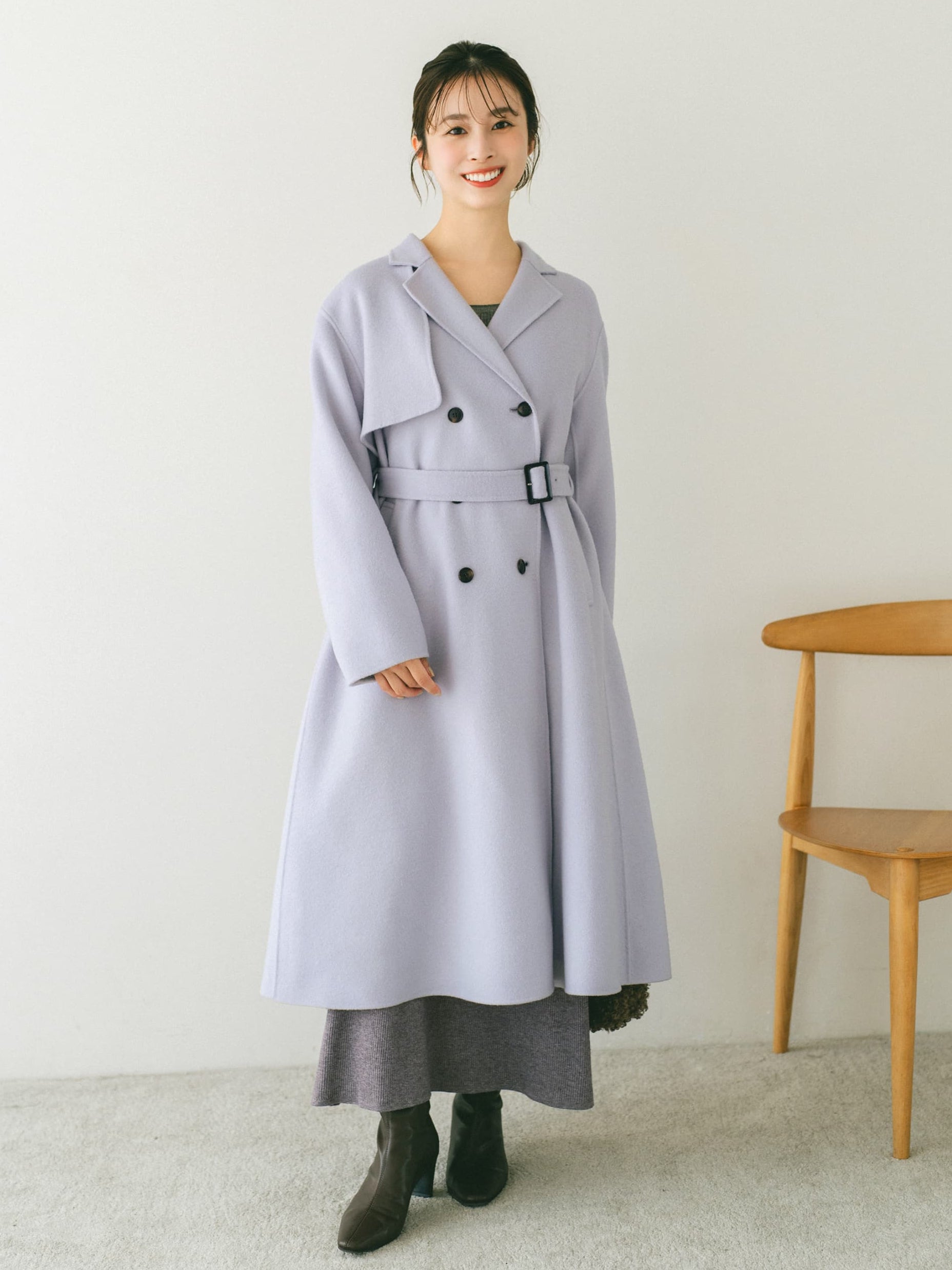 【COHINA】ライトウールショートリバーコート-regular 2wayカラーバックフレアウールコート-short & regular | 小柄