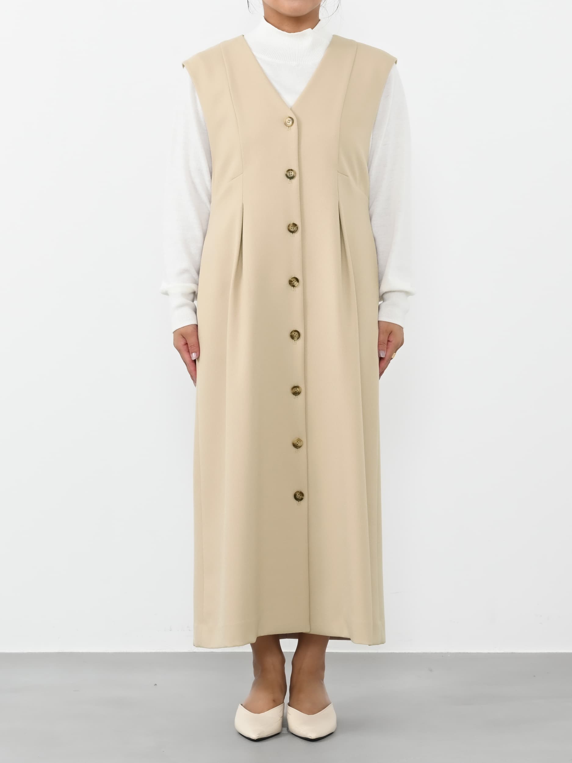 フロントボタンVネックジャンパースカート-short & regular | 小柄・低