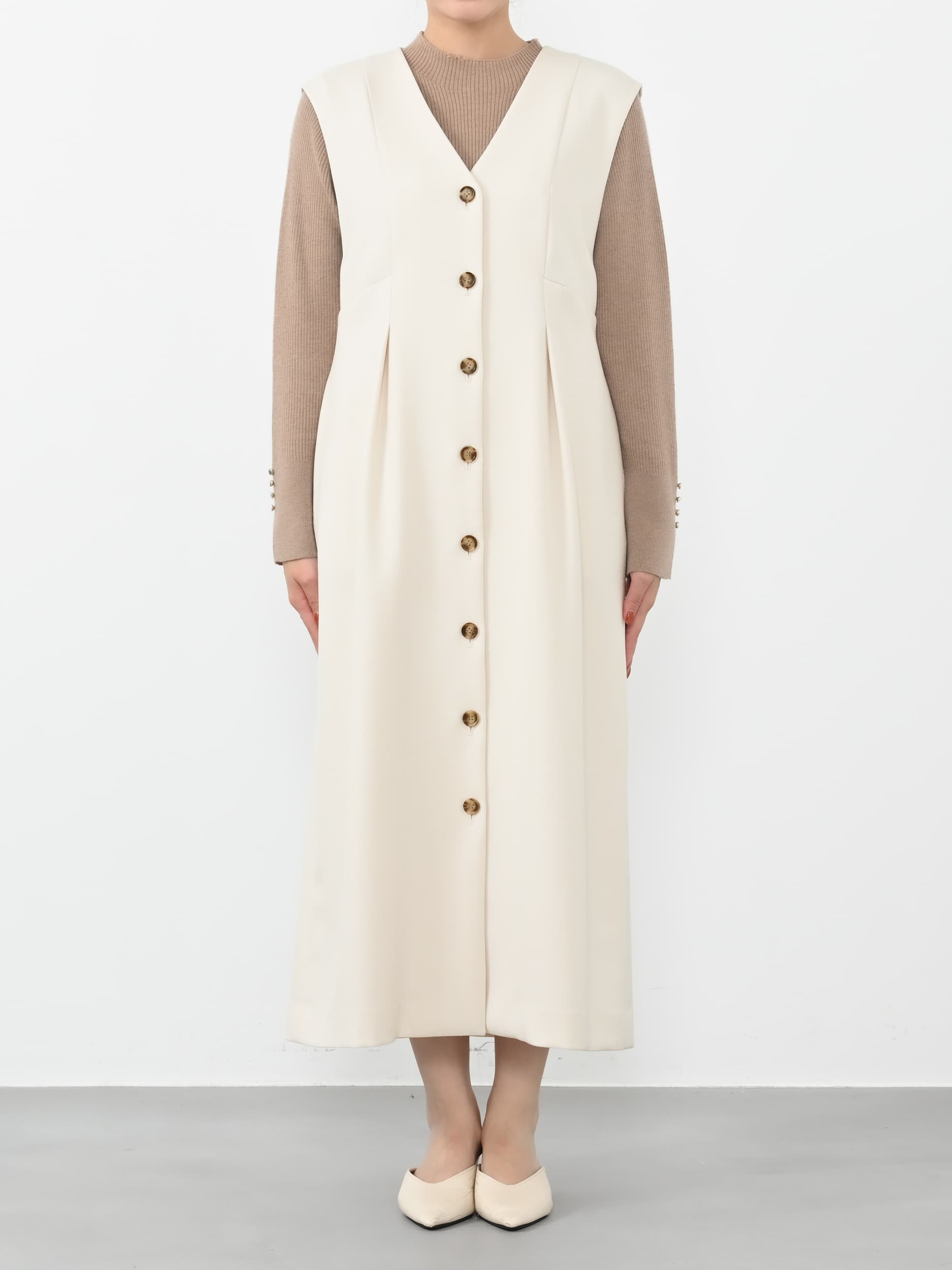 フロントボタンVネックジャンパースカート-short & regular | 小柄・低