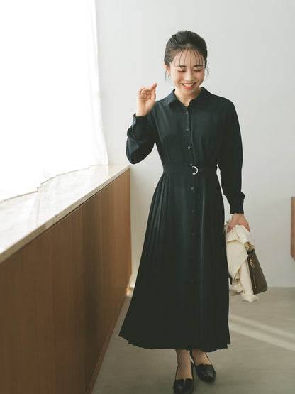 ベルト付きサイドプリーツワンピース-short & regular　[通常]