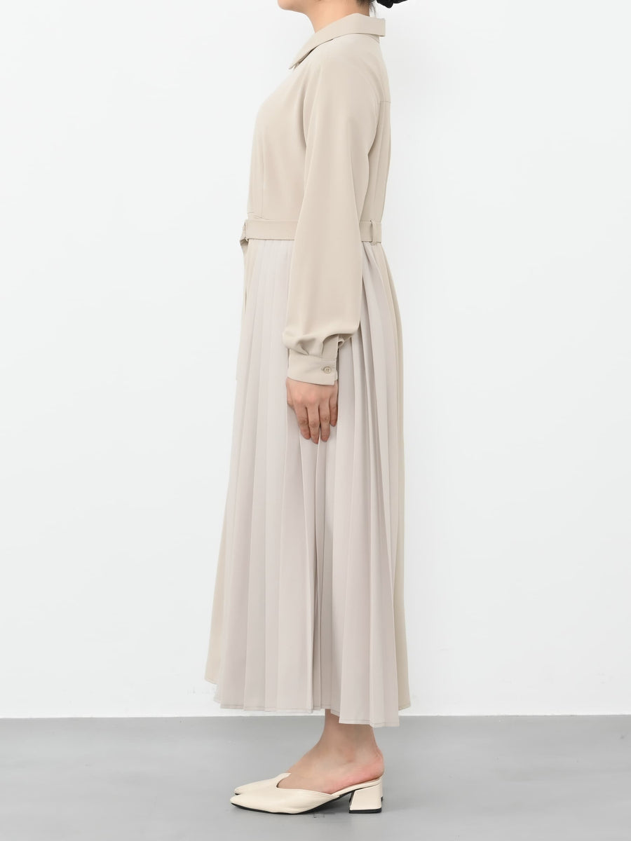 ベルト付きサイドプリーツワンピース-short & regular　[通常]