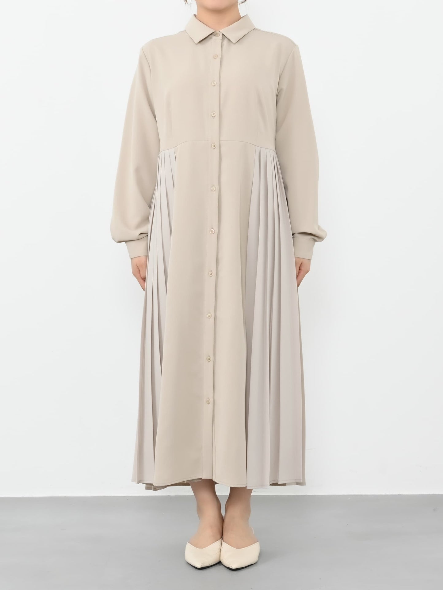 ベルト付きサイドプリーツワンピース-short & regular　[通常]