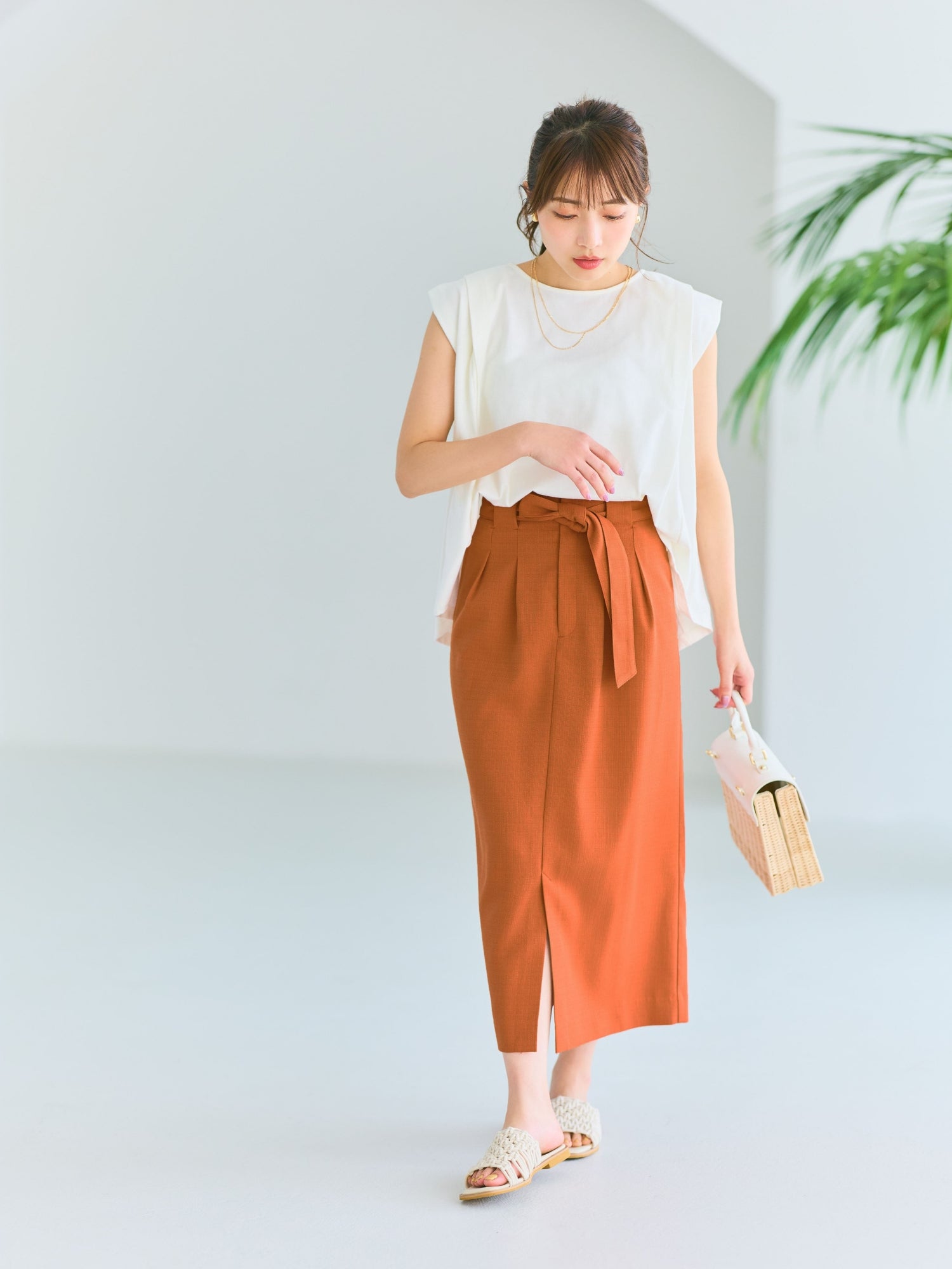 GU フレアミディニットスカート チェック オレンジ XS - スカート