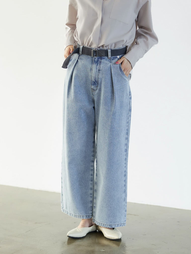 ベルト付きタックデニムパンツ | 小柄・低身長女性向けファッション