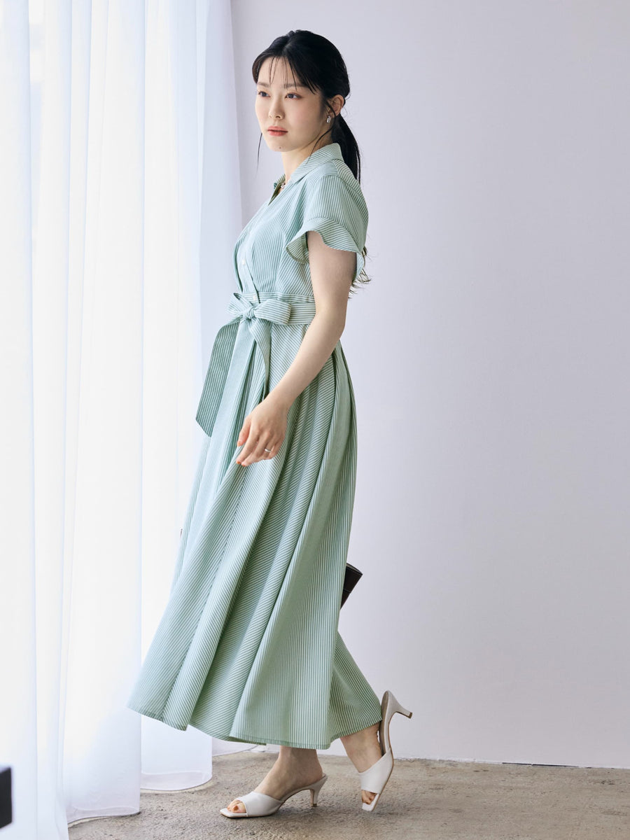 ストライプカシュクールタックワンピース-short & regular　[通常]