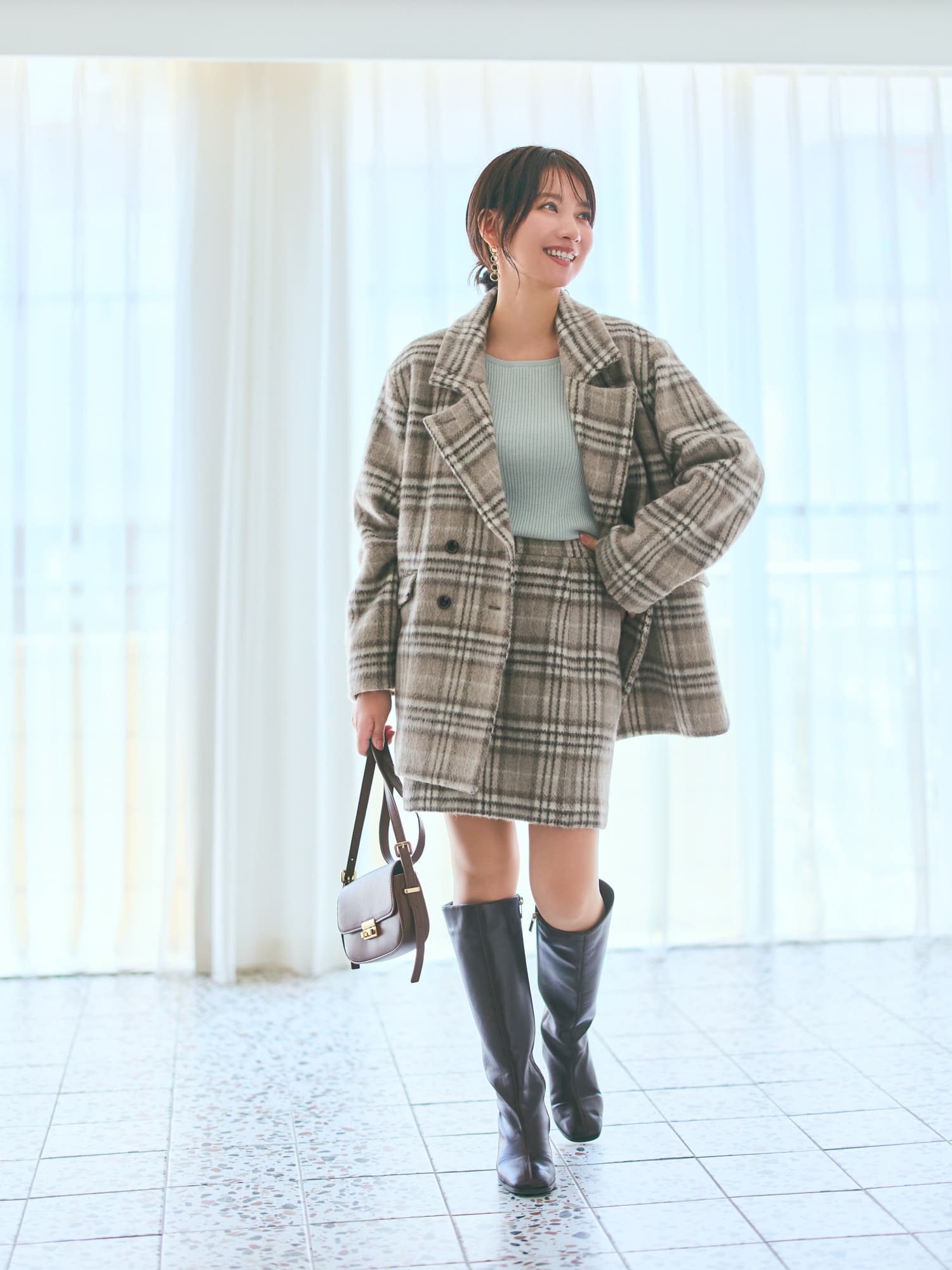 【美品】COHINA ウールシャギーチェックダブルコート ウールシャギーチェックダブルコート | 小柄・低身長女性向け