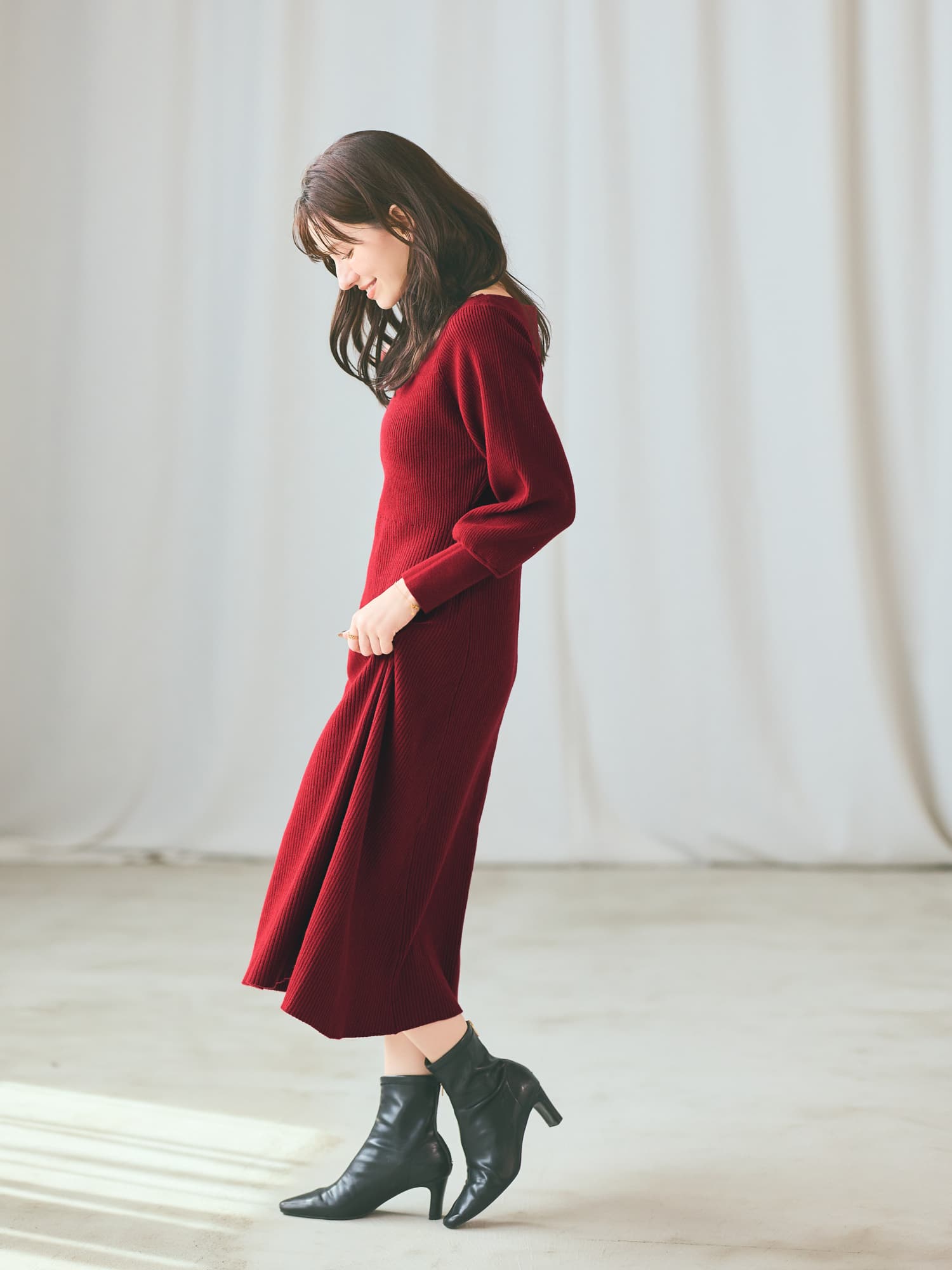 パターンリブフレアニットワンピース-short & regular | 小柄・低身長