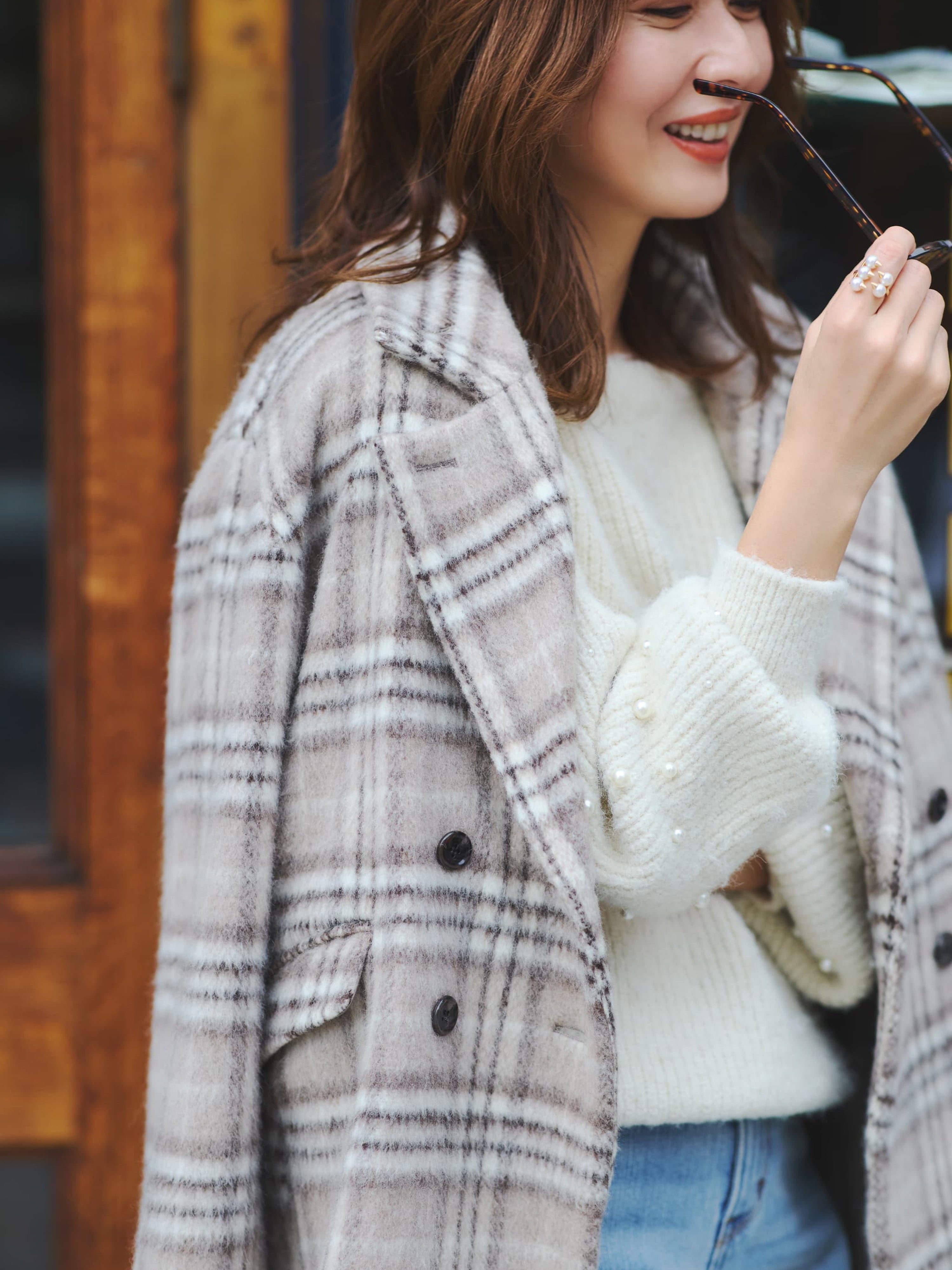 【美品】COHINA ウールシャギーチェックダブルコート ウールシャギーチェックダブルコート | 小柄・低身長女性向け