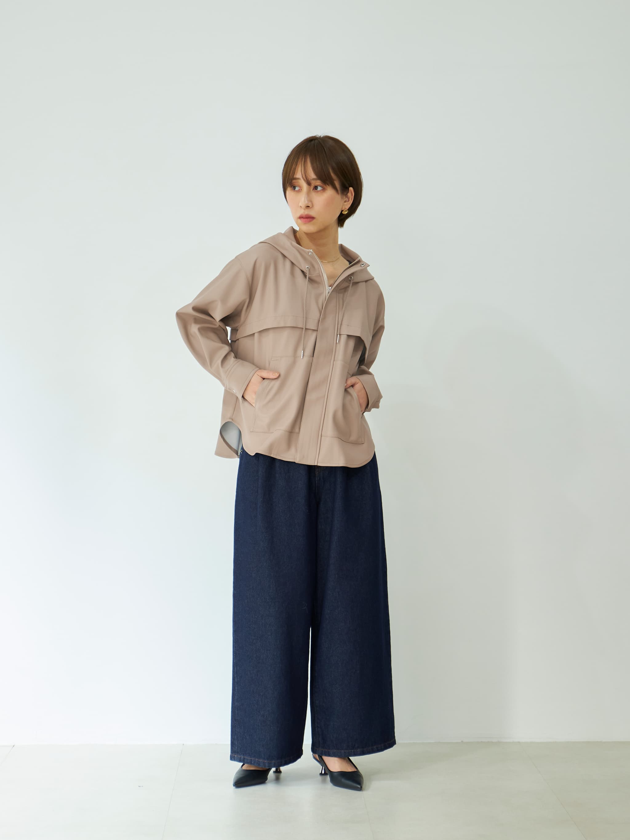 フェイクレザースタンドフーディブルゾン | 小柄・低身長女性向け