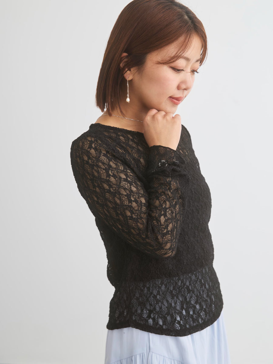 ストレッチレースボートネックトップス　[通常]